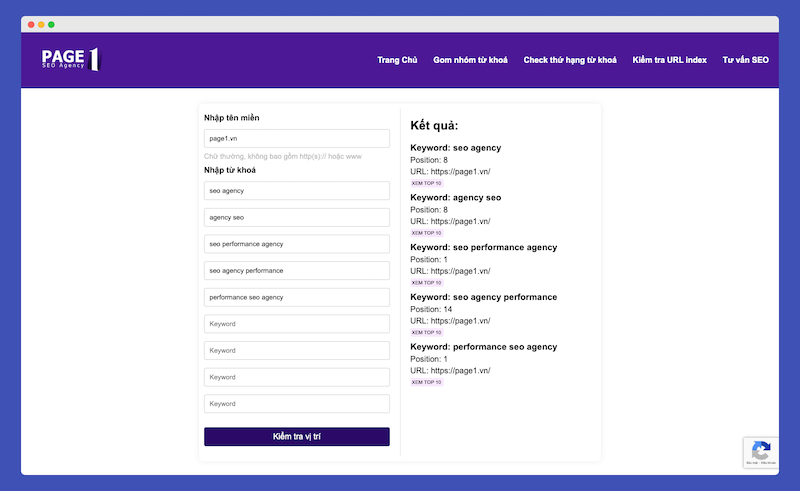 PAGE1 Rank Checker - Công Cụ Kiểm Tra Vị Trí Từ Khóa Miễn Phí